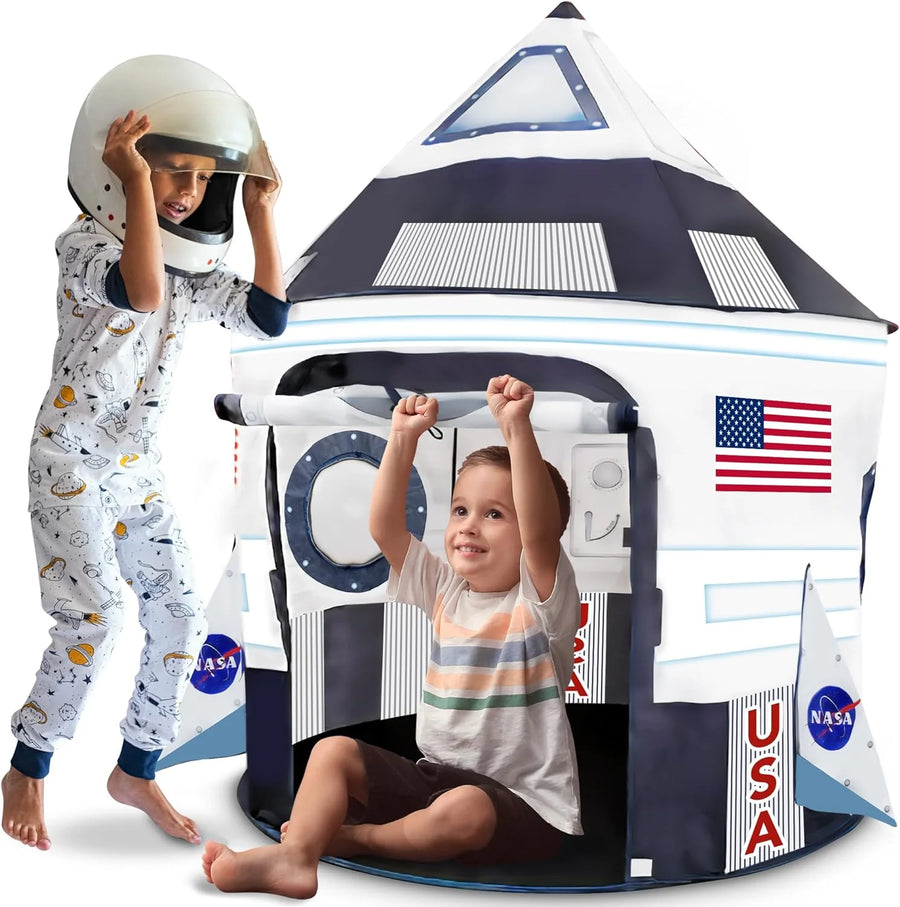 Rocket Ship Pop Up Play Tent, Kids Pop Up Playhouse Tent with Carry Bag & Stabilizing Rods, Spacious Kids Indoor & Outdoor Tent, Easy-Install Spaceship Tent for Space Birthday Decoration