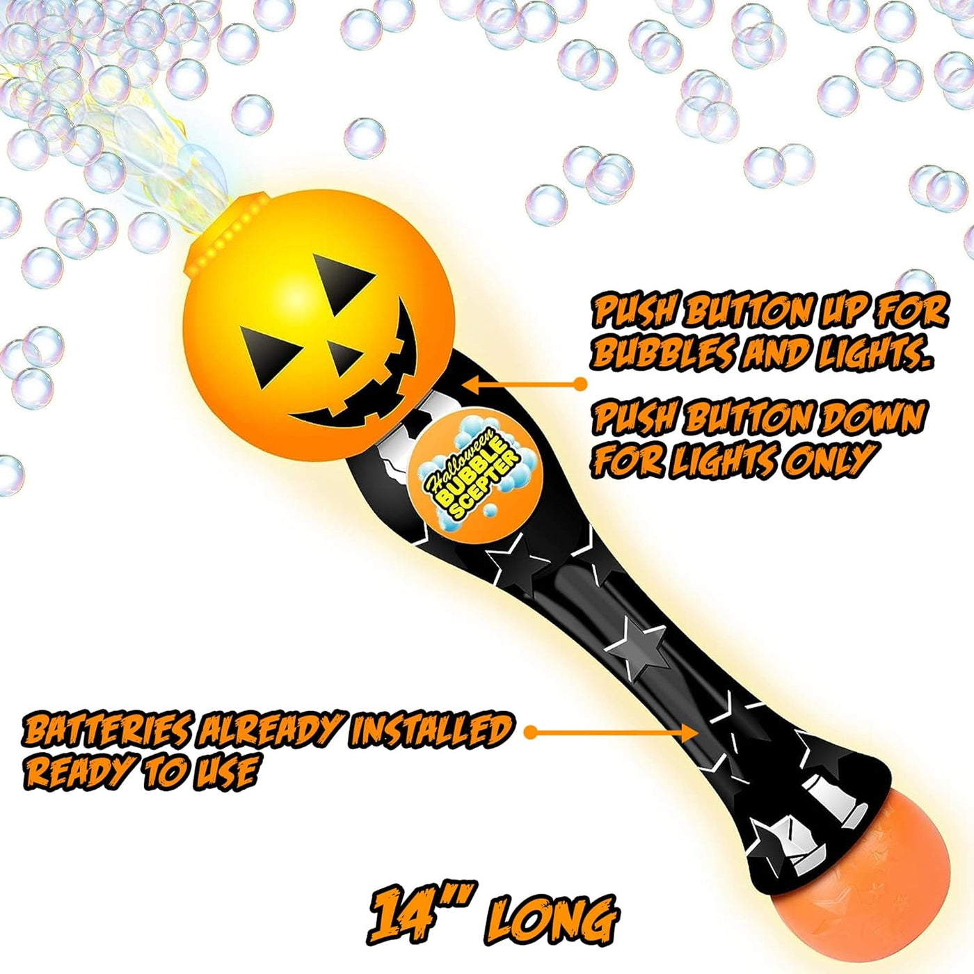 Halloween Bubble Wand, 14" Illuminating Bubble Wand for Kids, Halloween Light up Pumpkin Bubble Blower Wand with Thrilling LED & Sound Effect, Halloween Toys for Kids