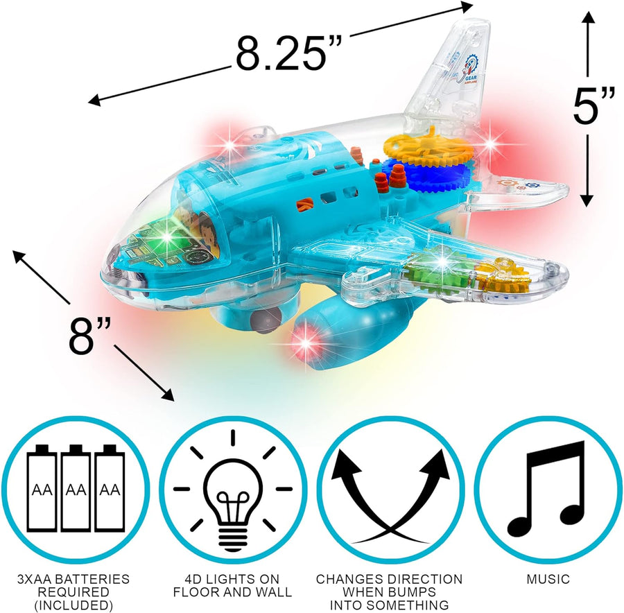 ArtCreativity Light Up Transparent Airplane Toy for Kids, 1PC, Bump and Go Kids Airplane with Colorful Moving Gears, Music, and LED Effects, Toy Airplane For Toddlers 1-3, Fun Toddler Boy Toys Ages 3+