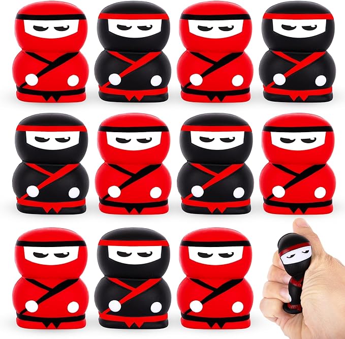 ArtCreativity Squishy Ninja Party Favors - Set of 12 Small Squishy Toys - Ninja Figurine Party Favors for Kids with 6 Red and 6 Black Designs - Ninja Stress Toys - Slow Rising Stress Relief Toys