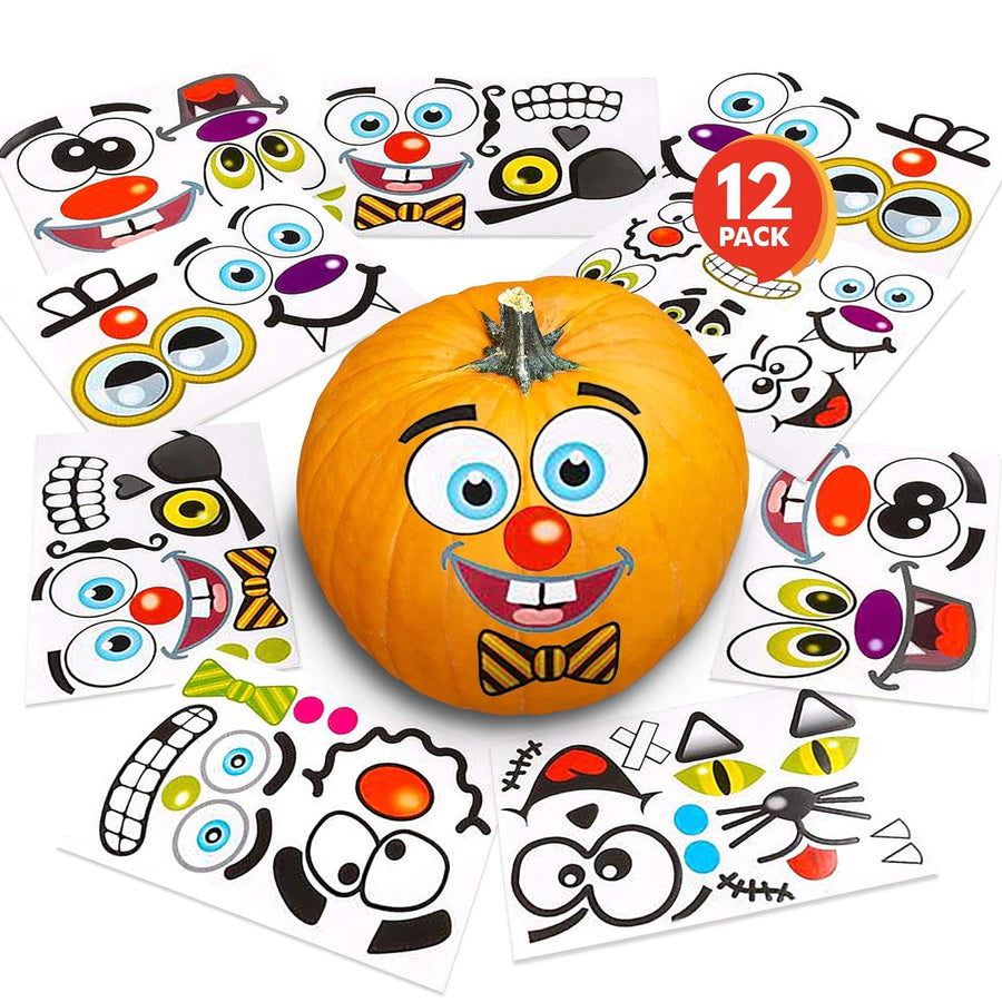 Halloween Pumpkin Decorating Stickers - 12 Large Sheets - Jack-o-Lantern Decoration Kit - 26 Total Face Stickers - Cute Halloween Decor Idea - Treats, Gifts, and Crafts for Kids- 6" x 9"