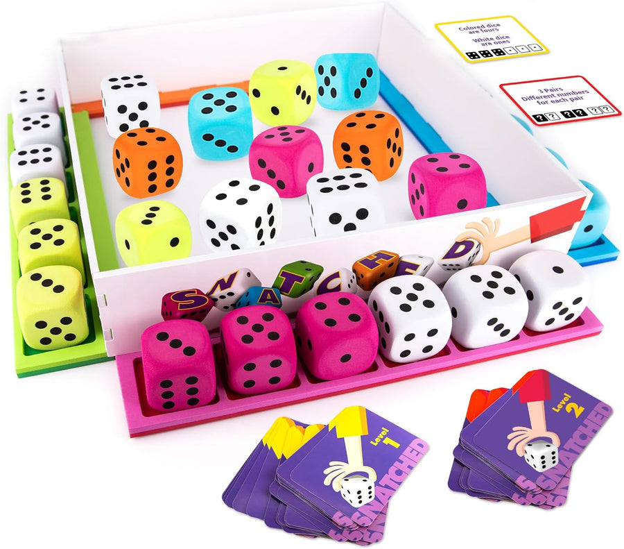 Gamie Snatched Dice Rolling Game - Quick Thinking Math Games for Kids - 24 Dice, 4 Racks, and 60 Challenge Cards - Teaches Subtraction, Addition, Odd and Even Numbers - for Ages 5 and Up