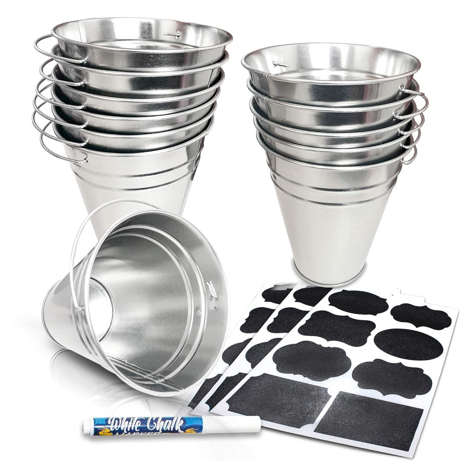 Large Galvanized Metal Buckets Set, Includes 12 Rustic Pails with Handles, 24 Chalkboard Labels and 1 Liquid Chalk Marker, 5 Inch