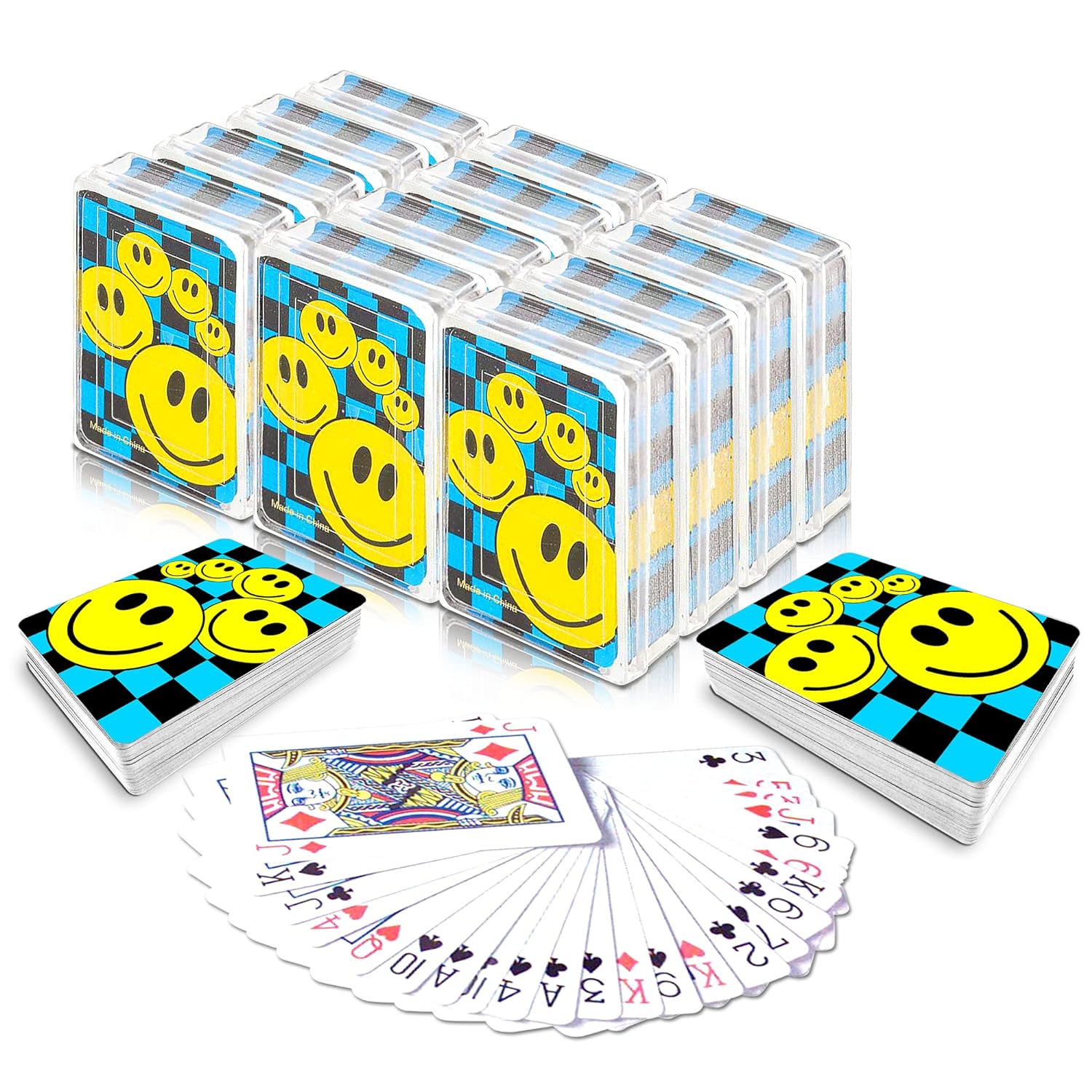 Mini Smile Playing Cards Deck - Pack of 12-2.5 Inches Tall - Blue Checkerboard Background - Poker-Casino Cards - Carnival Prize, Party Favor and Gift Idea for Kids Ages 3+
