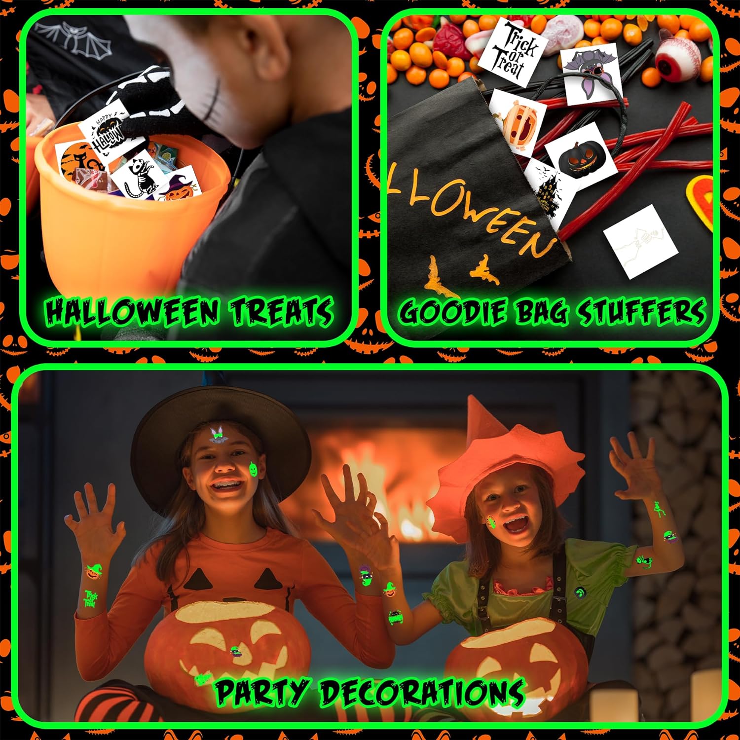 Halloween Glow in the Dark Temporary Tattoos, Set of 144, Temporary Tats for Kids in 12 Spooky Designs, Easy to Apply & Remove, Halloween Party Favors for Kids, Trick or Treat Supplies
