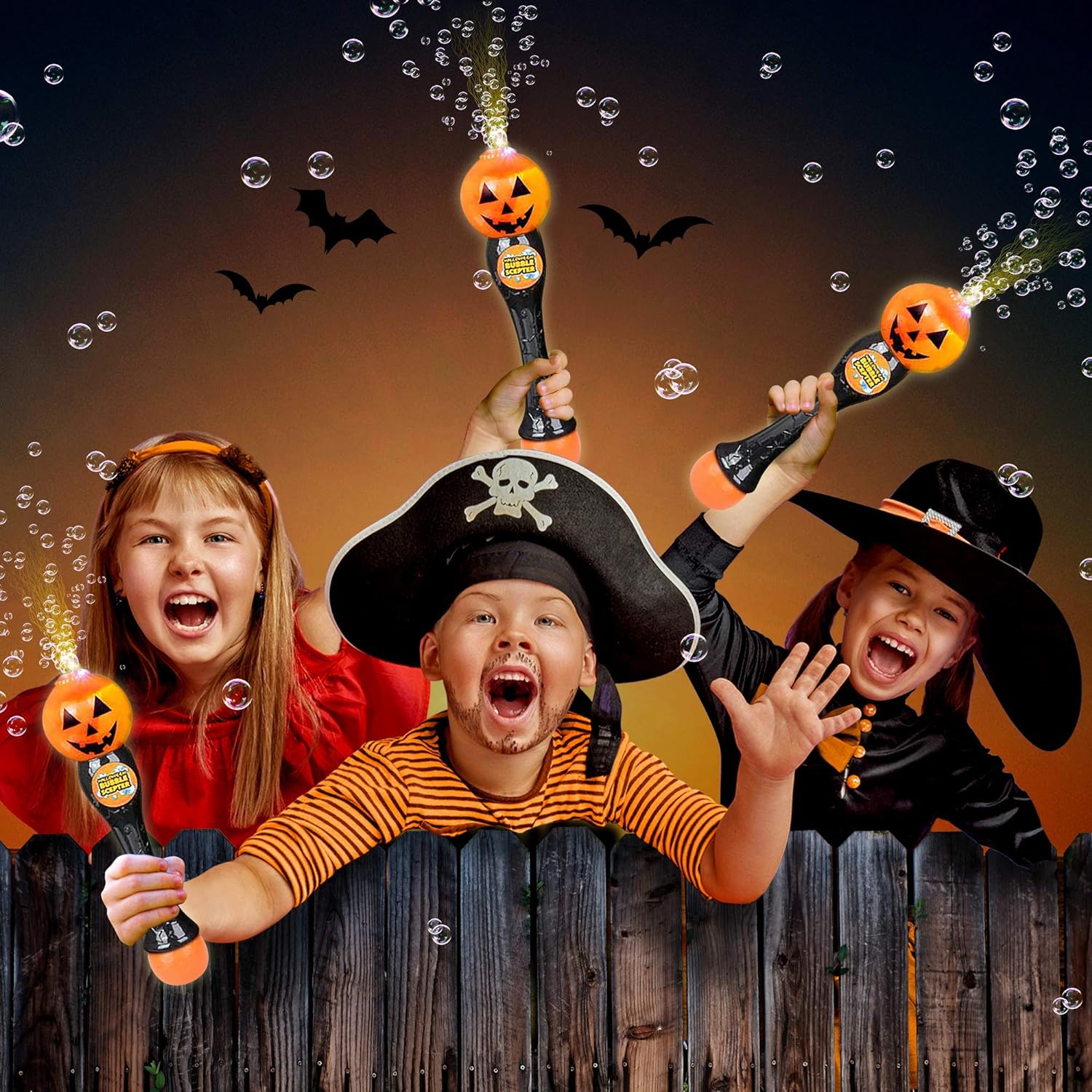 Halloween Bubble Wand, 14" Illuminating Bubble Wand for Kids, Halloween Light up Pumpkin Bubble Blower Wand with Thrilling LED & Sound Effect, Halloween Toys for Kids