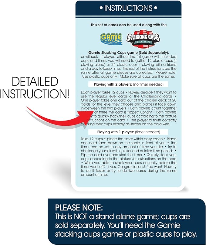 Gamie Challenge Cards for Stacking Cups Game - 40 Additional Cards with Instructions - 20 Medium and 20 High Difficulty Cards for Next Level Fun - Stacking Cups Sold Separately