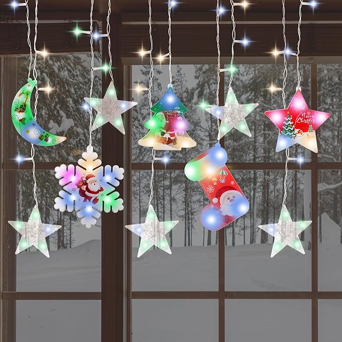 Window Christmas Lights - LED Christmas Curtain Lights with a Connecting Wire - Light Up Hanging Christmas Decorations for Holiday Decor - Indoor Christmas Curtain Lights with Pendants