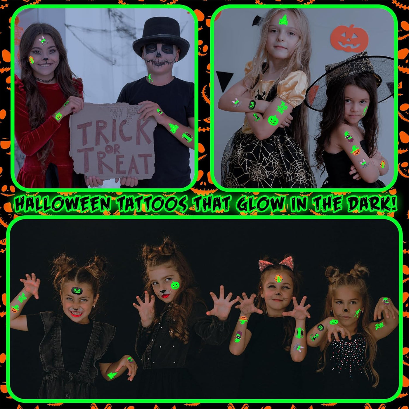 Halloween Glow in the Dark Temporary Tattoos, Set of 144, Temporary Tats for Kids in 12 Spooky Designs, Easy to Apply & Remove, Halloween Party Favors for Kids, Trick or Treat Supplies