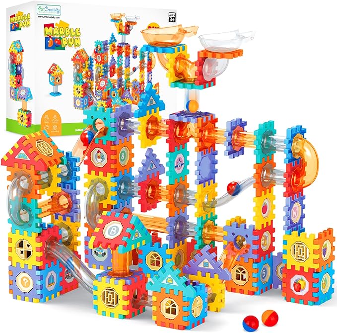Kids Marble Run Set - 246 PCS Marble Race Track with Interlocking Building Blocks