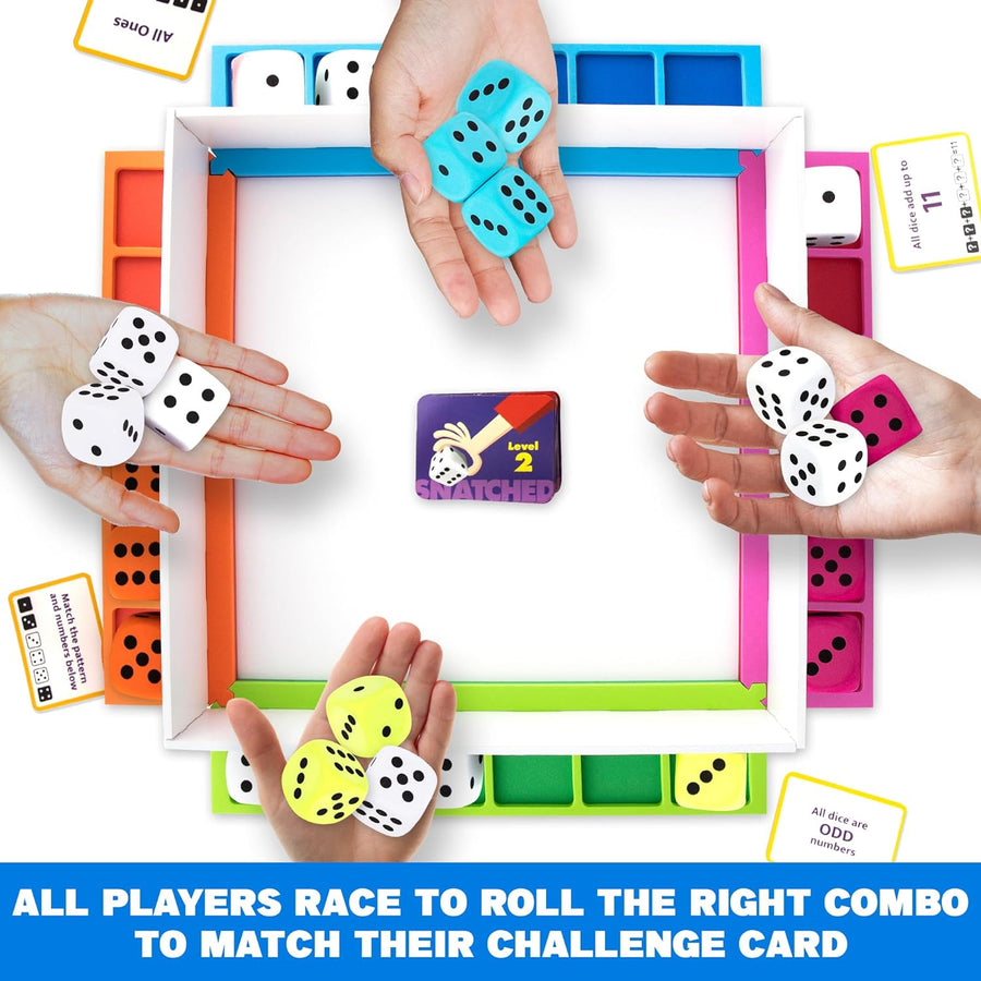 Gamie Snatched Dice Rolling Game - Quick Thinking Math Games for Kids - 24 Dice, 4 Racks, and 60 Challenge Cards - Teaches Subtraction, Addition, Odd and Even Numbers - for Ages 5 and Up