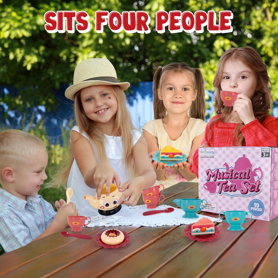 ArtCreativity Musical Tea Set for Girls - 19-Piece Girls Tea Party Set -Toddler Tea Set with Motion-Activated Pouring Sound, Music, and Flashing Lights for Kids Ages 3 4 5 6