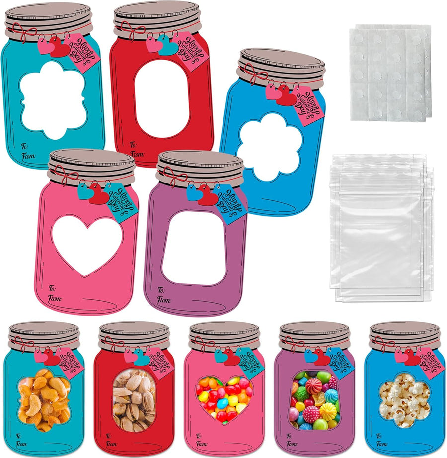 Mason Jar Valentines Cards - Set of 50 - Kids Valentine Candy Jar Cards with 50 Plastic Bags and Glue - DIY Classroom Gifts Exchange Cards for Boys and Girls - School Party Favors
