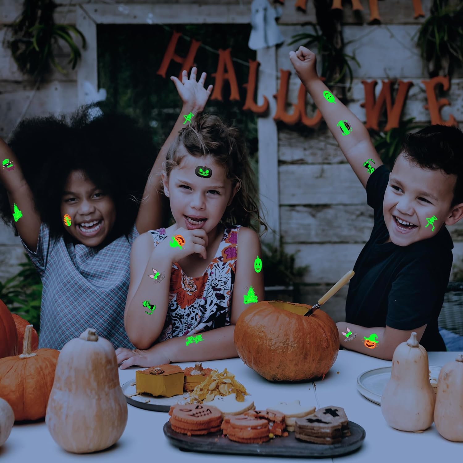 Halloween Glow in the Dark Temporary Tattoos, Set of 144, Temporary Tats for Kids in 12 Spooky Designs, Easy to Apply & Remove, Halloween Party Favors for Kids, Trick or Treat Supplies