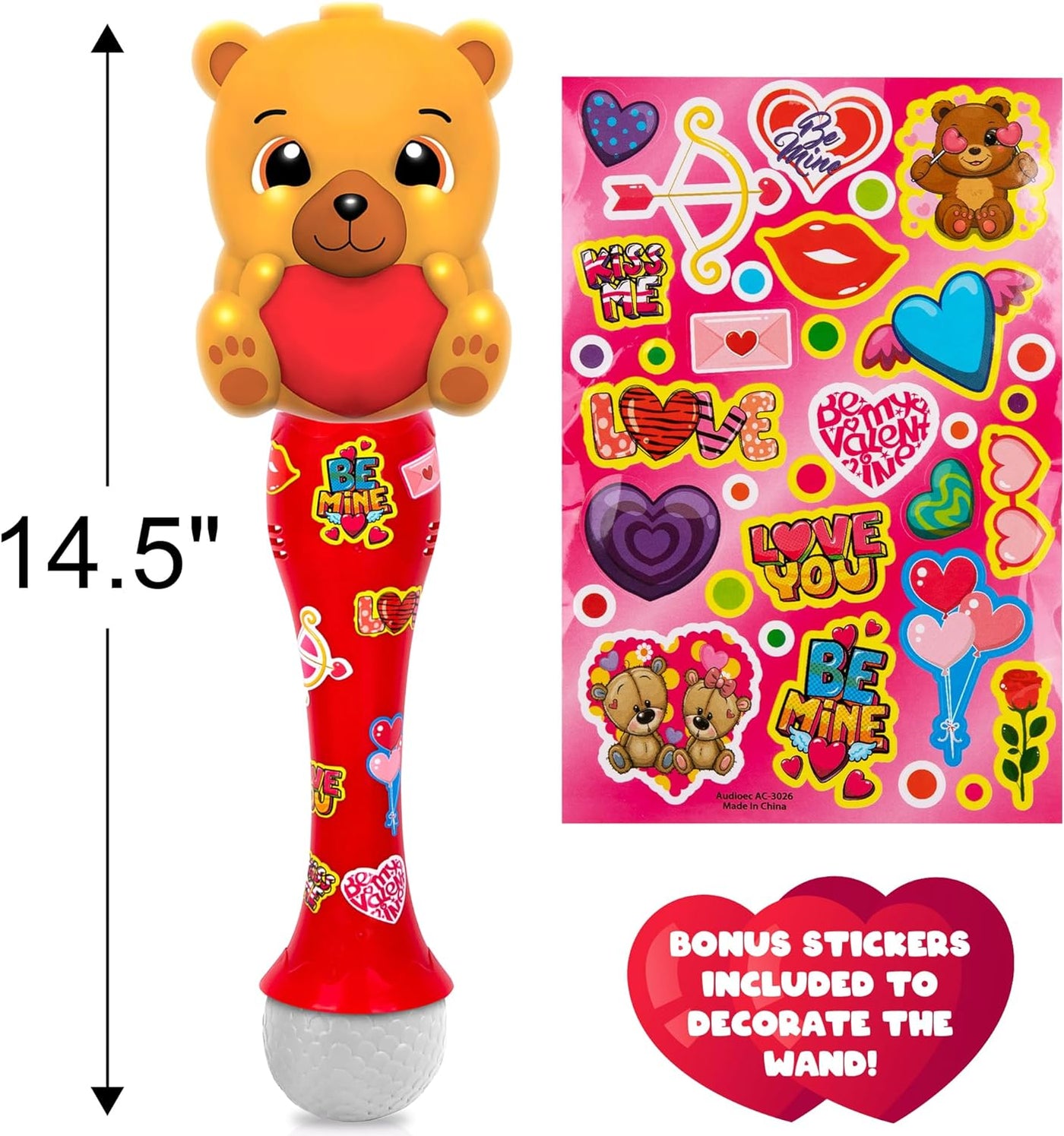 Light Up Valentine's Day Bubble Wand for Toddlers, Heart Bubble Toy with Lights, Music, & Batteries