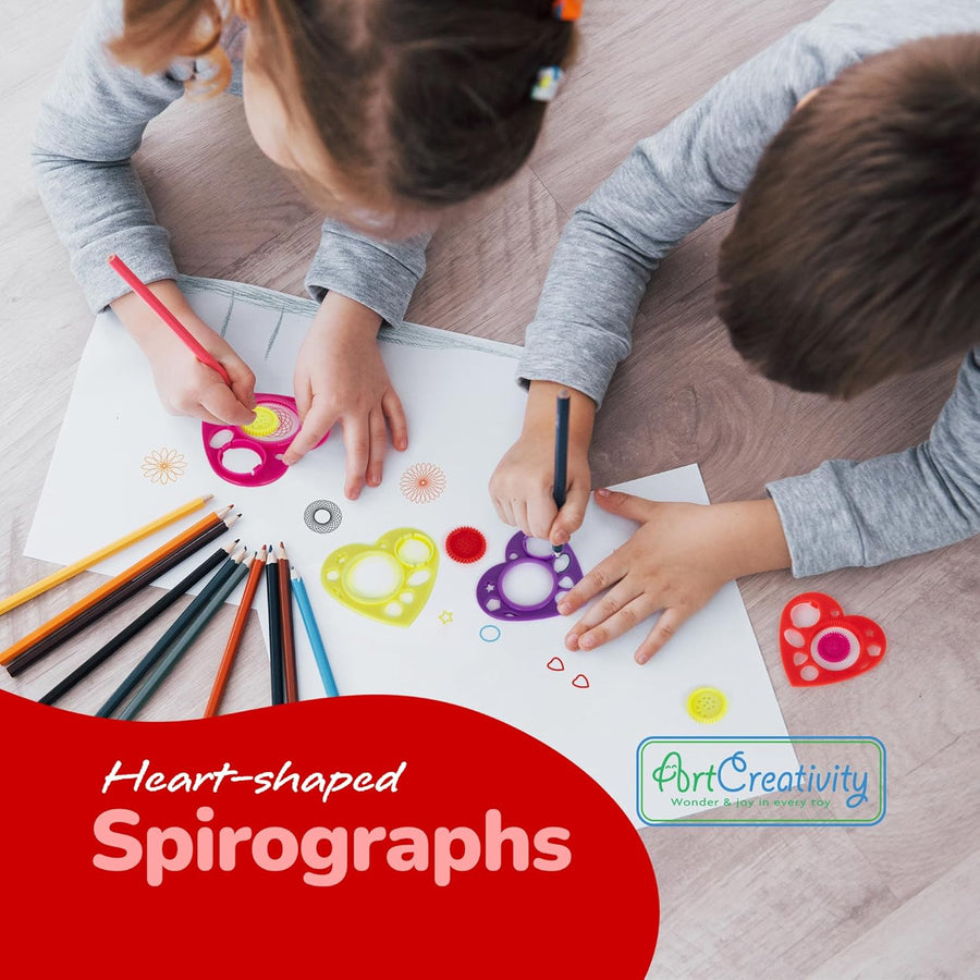 Heart Shaped Spirographs - Set of 24 - Spiral Arts and Craft Set with Stencils & Geometry Gears for Kids & Adults - Drawing Design Art Toy Kit - Children Art Supplies