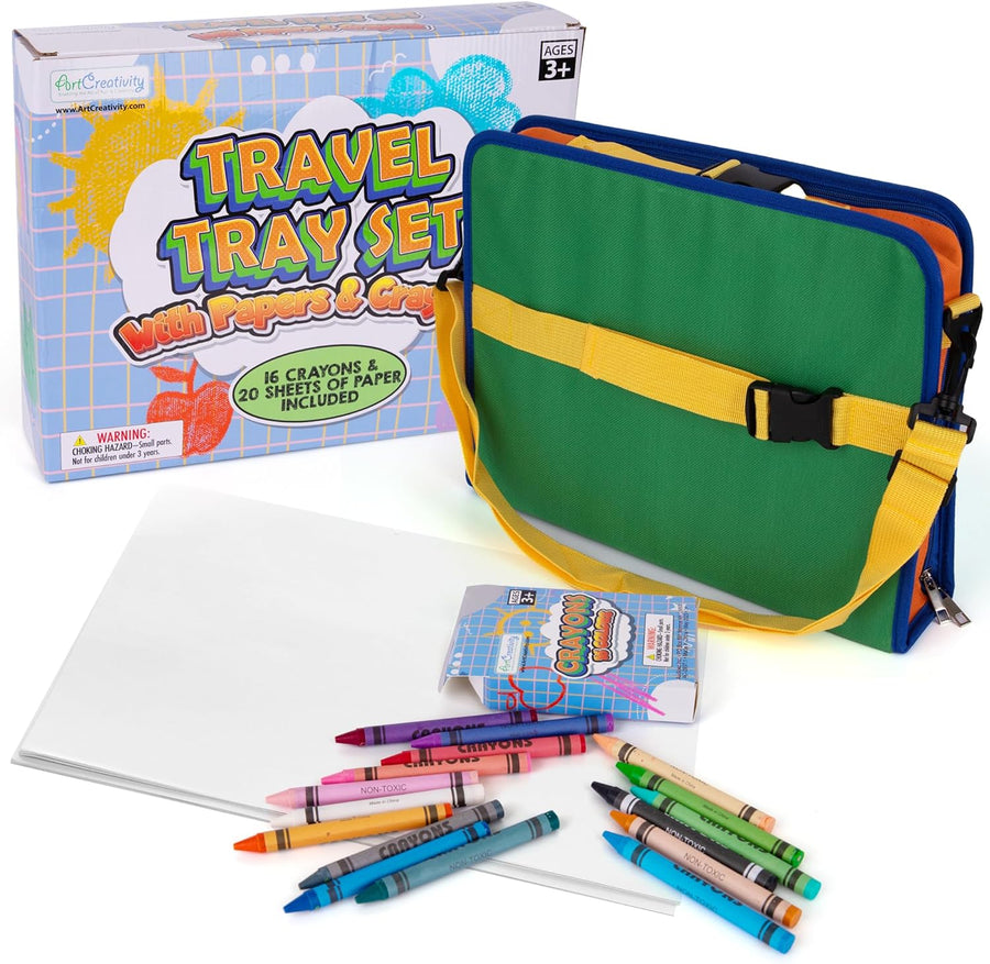 ArtCreativity Kids Travel Tray with Crayons and Paper - Adjustable Car Seat Table Tray with 16 Crayons, 20 Paper Sheets, and 5 Clear Pockets for Storage - Road Trip Travel Tray for Kids