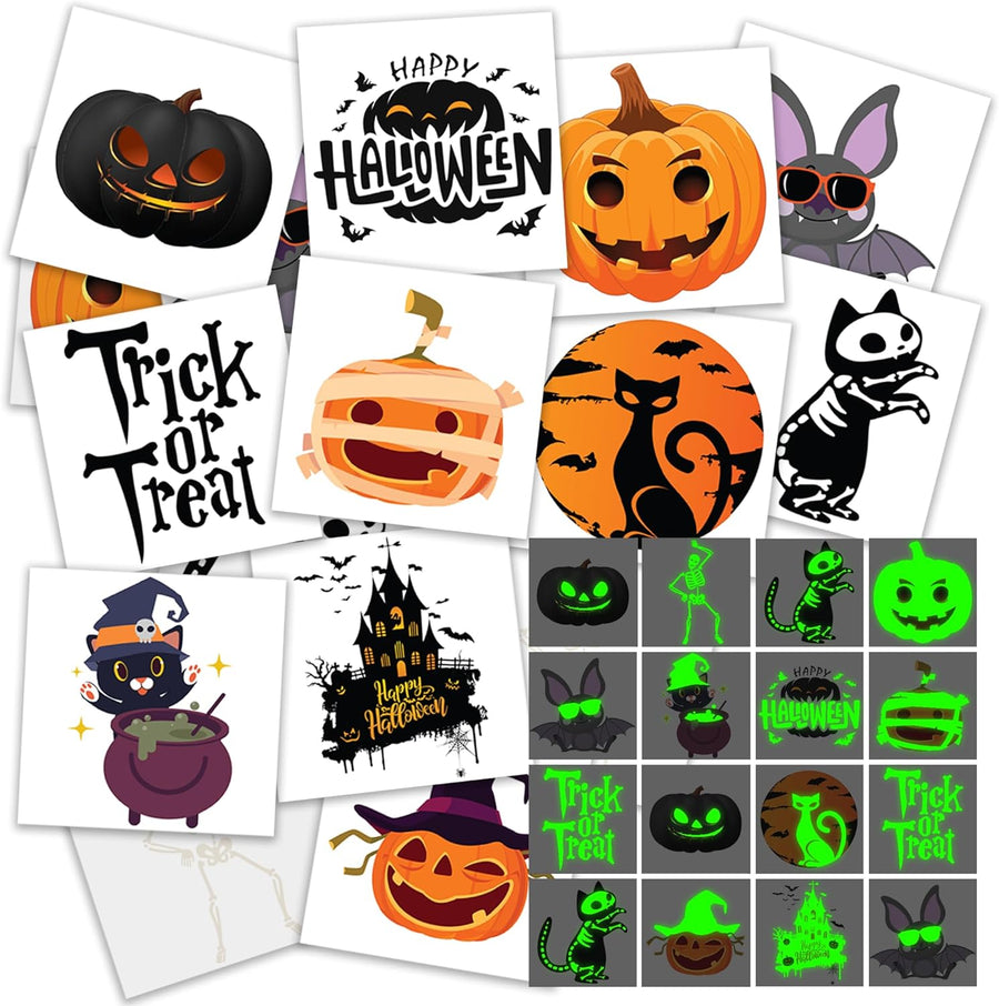 Halloween Glow in the Dark Temporary Tattoos, Set of 144, Temporary Tats for Kids in 12 Spooky Designs, Easy to Apply & Remove, Halloween Party Favors for Kids, Trick or Treat Supplies