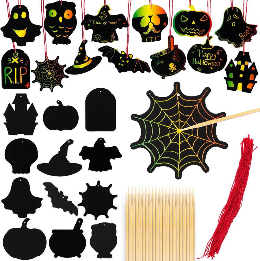 Halloween Scratch Art for Kids - 60 Sets of Scratch Paper - Halloween Crafts (Bulk) with 60 Designs, 60 Sticks, & 60 Pieces of Red String - Scratch Art Party Favors for Kids Classroom