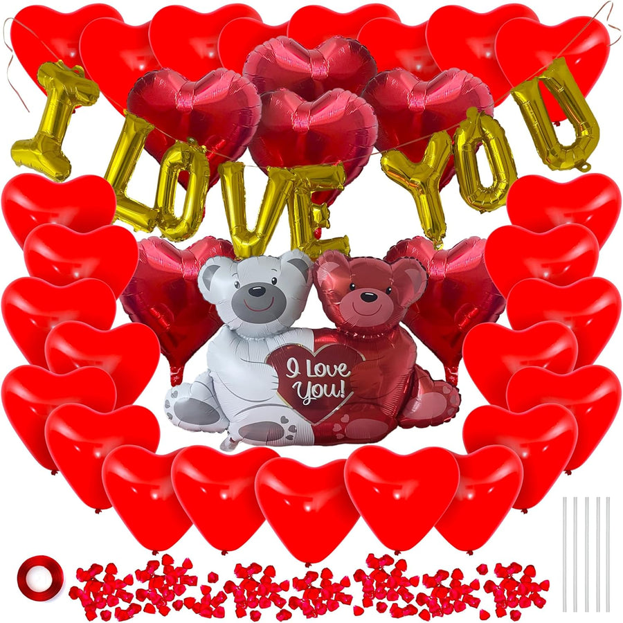 Valentines Day Balloons Decorations - Valentines Day Kit with Balloons in Teddy Bear, I Love You, and Heart Shape Designs - Artificial Rose Petals - Large Valentines Decorations Kit