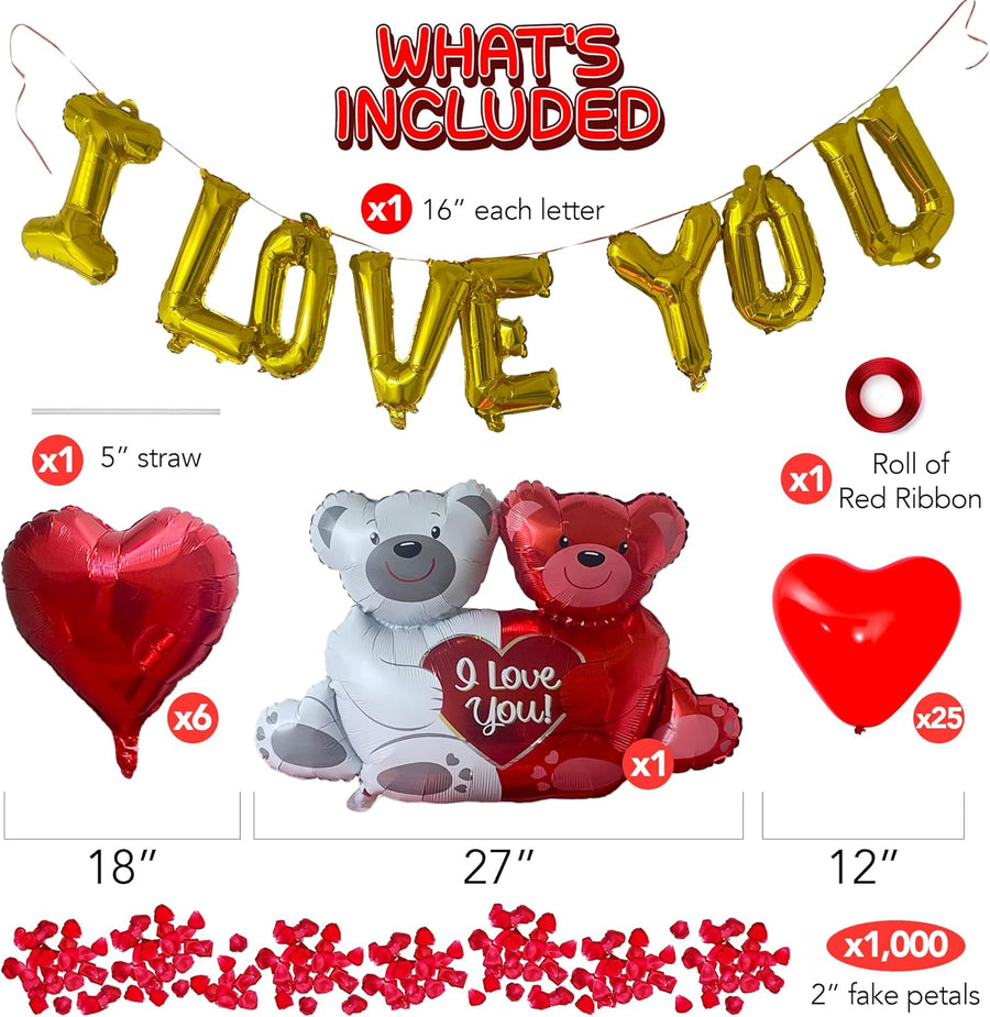Valentines Day Balloons Decorations - Valentines Day Kit with Balloons in Teddy Bear, I Love You, and Heart Shape Designs - Artificial Rose Petals - Large Valentines Decorations Kit