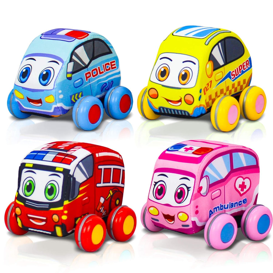 ArtCreativity Pullback Plush Car Set, Set of 4, Soft-Sided Stuffed Cars with Pullback Mechanism, Cute and Colorful for Babies and Toddlers, Best Birthday Gift for Little Boys and Girls