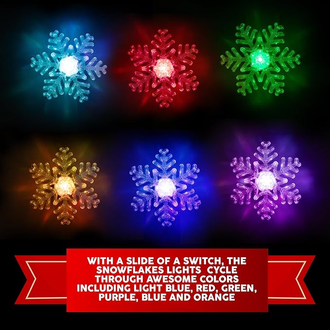 Suction Cup Window Lights for Christmas - Set of 3 Stick on Christmas Lights - Snowflake Window Light Decorations That Light Up in Green, Blue, Purple, and Red - Suction Cup Christmas Decorations