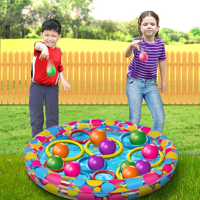 Gamie Floating Ring Toss Game for Kids, Outdoor Carnival Game Set with Inflatable Pool, Floating Rings, and Colored Plastic Balls, Outdoor Games for Family and Backyard Parties