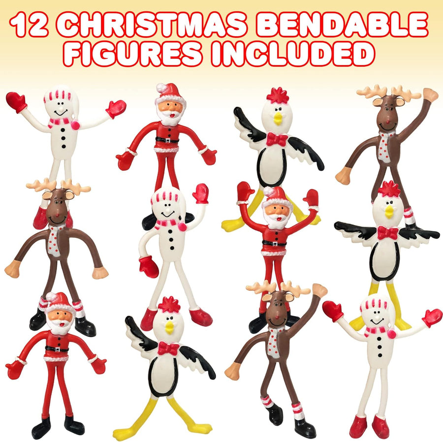 ArtCreativity Christmas Bendable Figurines, Set of 12, Fidget Christmas Toys with Reindeer, Santa, Snowman, & Penguin Characters, Great as Christmas Party Favors and Holiday Stocking Stuffers for Kids