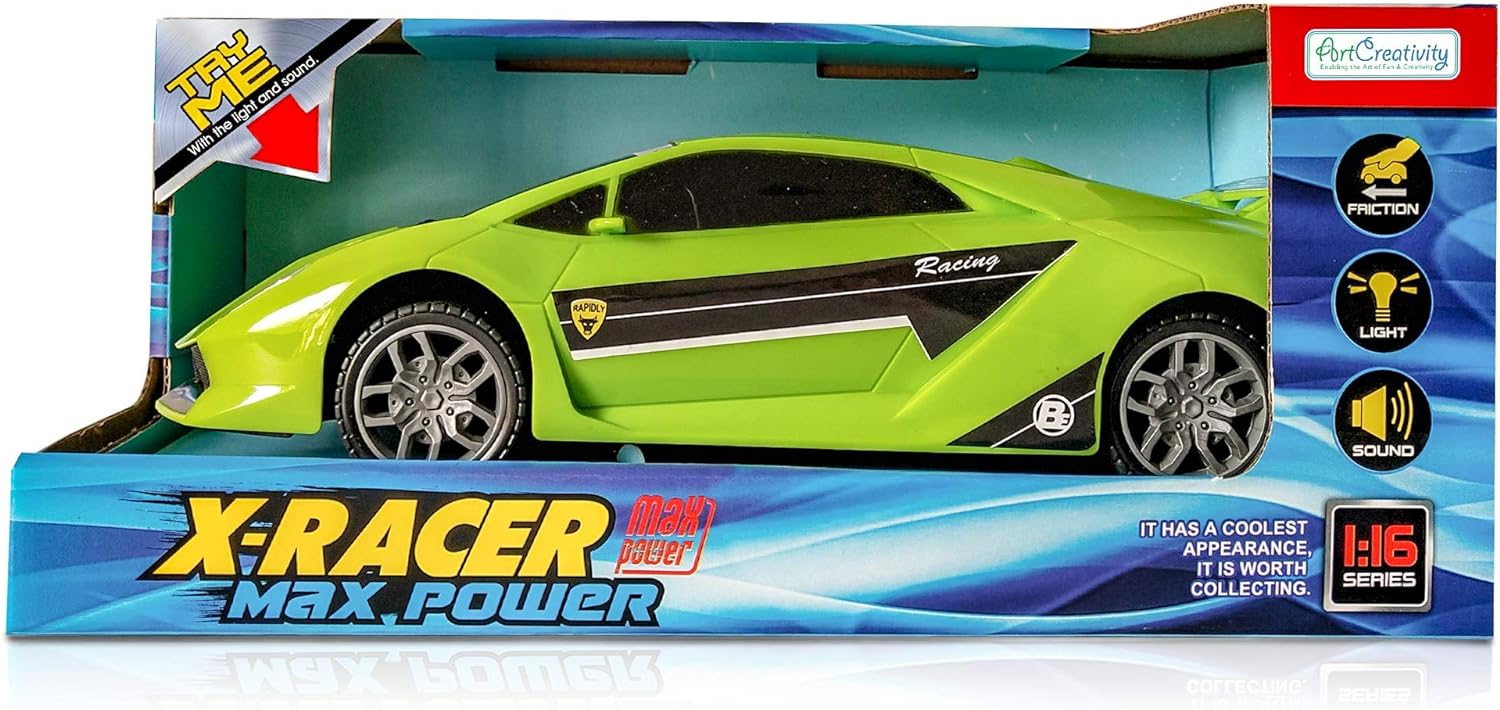 ArtCreativity Green Racer Car with Lights and Sounds, Light-Up Push n Go Racer Car for Kids, LED Headlights and Engine Sound, Best Birthday Gift for Boys, Girls, Toddlers Ages 3+