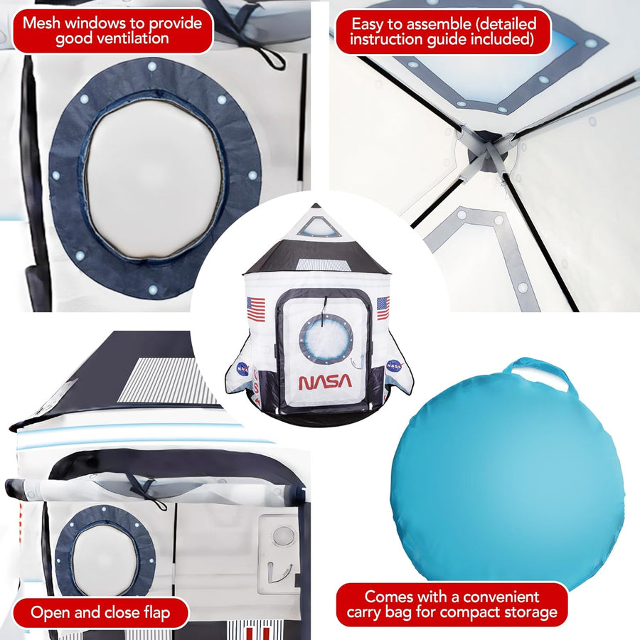 Rocket Ship Pop Up Play Tent, Kids Pop Up Playhouse Tent with Carry Bag & Stabilizing Rods, Spacious Kids Indoor & Outdoor Tent, Easy-Install Spaceship Tent for Space Birthday Decoration