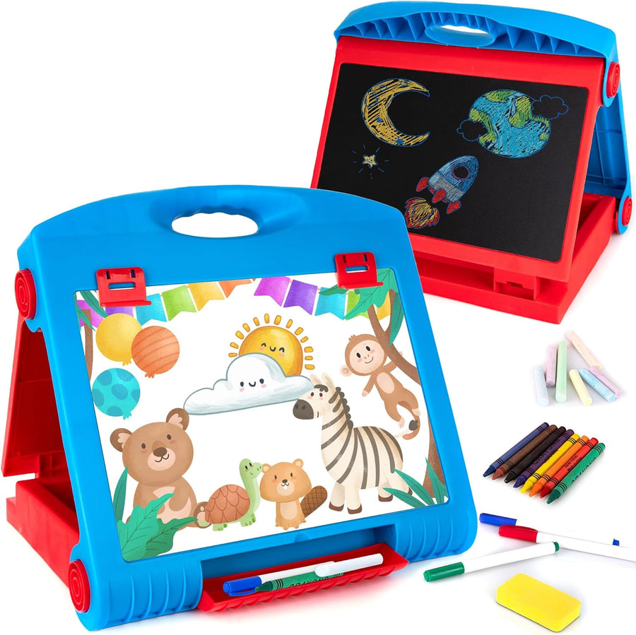 Tabletop Easel for Kids, Table Top Easel Board for Toddlers with Dry Erase Board, Whiteboard, and Chalk Board Easel, Kids Easel Set Includes Chalk, Crayons, and Markers, Kids Art Supplies Ages 6-8