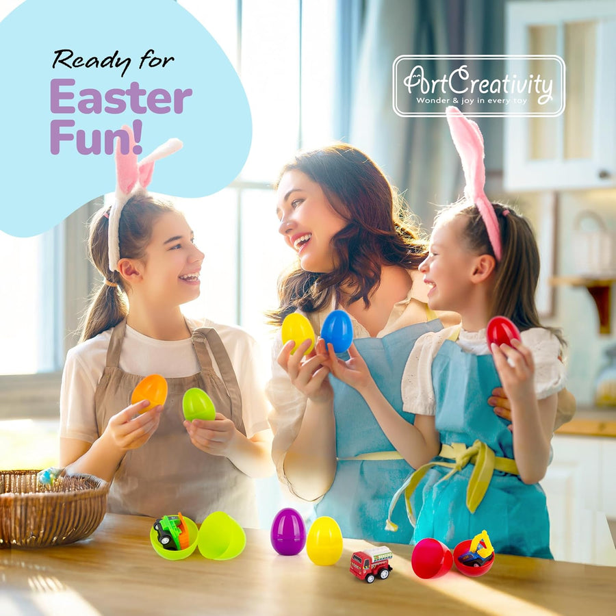 Pre Filled Easter Eggs with Vehicles Inside - Set of 12 - Colorful Surprise Eggs for Kids with Pullback Construction Truck Toys - Easter Egg Hunt Supplies - Easter Basket Stuffers
