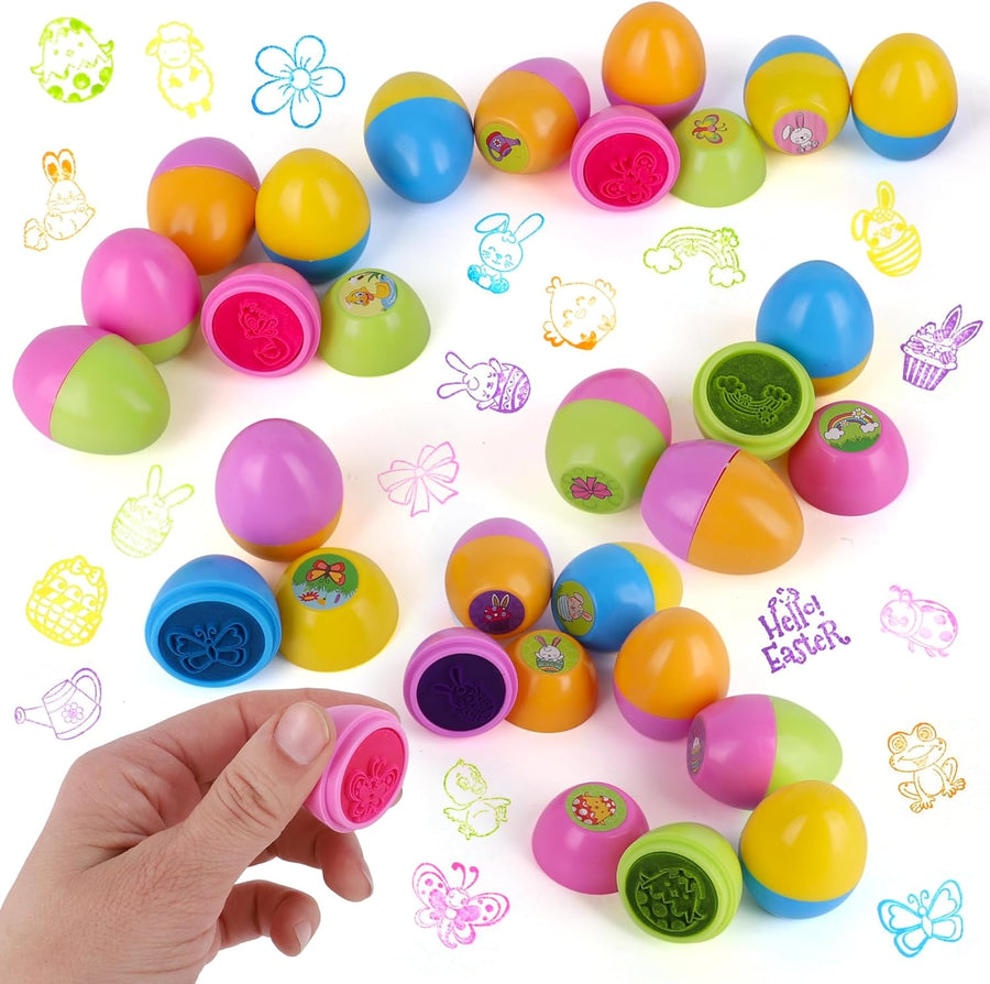 Easter Egg Stampers - Set of 24 - Self Inking Mini Stamps for Kids Easter Eggs Hunt Game - DIY Easter Classroom Craft Toys with Vibrant Colors - Easter Basket Stuffers and Party Favors