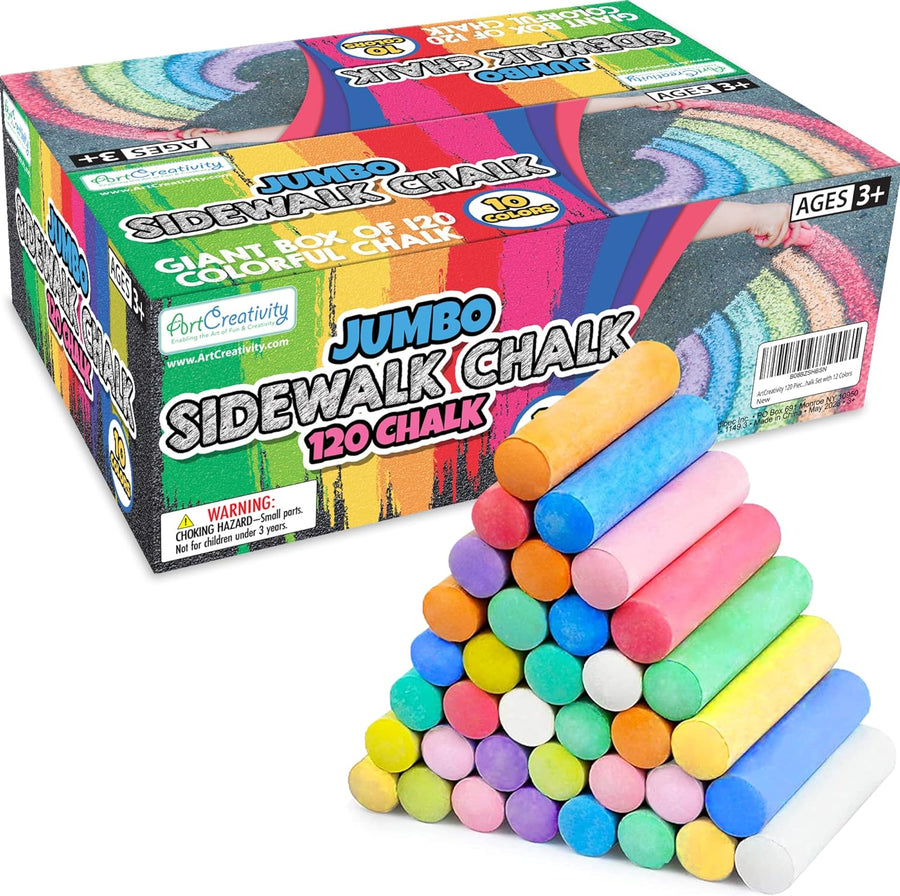 Jumbo Sidewalk Chalk Set for Kids, Giant Box of 120 Colorful Chalk Pieces, Non-Toxic, Dust-Free, Washable Chalk in 10 Colors, For Driveway, Pavement, Outdoors, Great Arts & Crafts