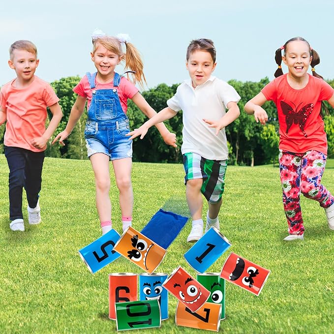 Halloween Carnival Bean Bag Toss Game - Halloween Party Game with 10 Tin Cans and 3 Bean Bags - Indoor and Outdoor Halloween Party Activity for Kids - Tossing Game for Kids 3 and Up