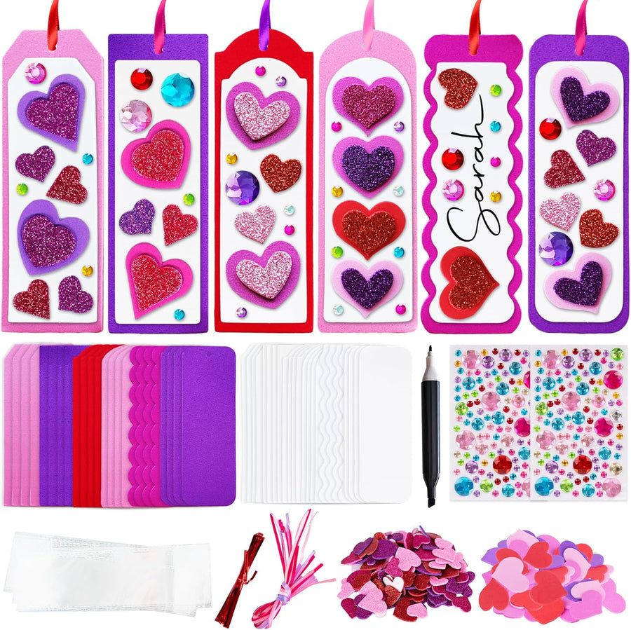 ArtCreativity 314 PCS Valentine’s Day Bookmark Craft Kit - Makes 24 Bookmarks - Valentine Crafts for Kids Classroom - Valentines Bookmark Craft Kit with Hearts, Glitter Stickers, Rhinestones, Ribbons
