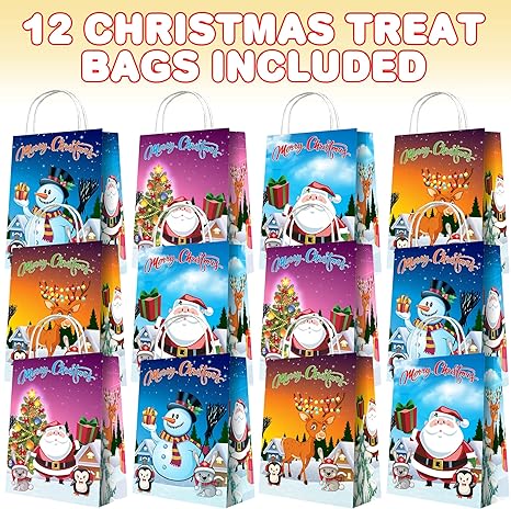 Christmas Gift Bags with Handles, 4 Designs, Set of 12, Xmas Gift Bags, Medium Size 8.75" x 6" Paper Bags with Sturdy Handles, Assorted Christmas Prints for Party Favors, Sweets, Candy, Gifts, Treats