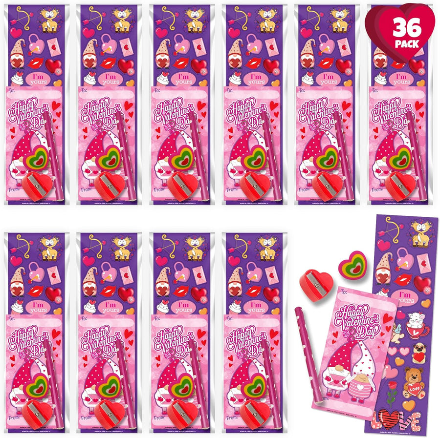 ArtCreativity Valentines Day Stationery Set, 36 Pack, Each Set with Sticker Sheet, Greeting Card, Pencil, Eraser, and Sharpener, Valentines Day Party Favors and Classroom Gifts for Kids