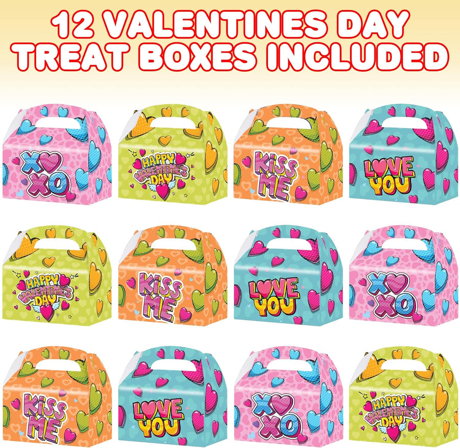 ArtCreativity Valentines Day Treat Boxes, Set of 12, Cardboard Paper Valentines Candy Boxes with Carry Handles, Themed Party Favor Boxes, Valentines Goodie Bags for Sweets, Toys, Gifts, and More