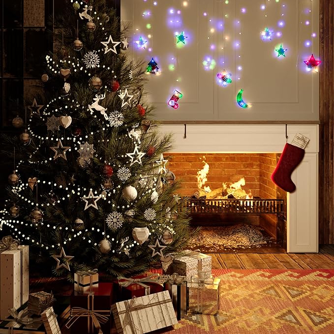 Window Christmas Lights - LED Christmas Curtain Lights with a Connecting Wire - Light Up Hanging Christmas Decorations for Holiday Decor - Indoor Christmas Curtain Lights with Pendants