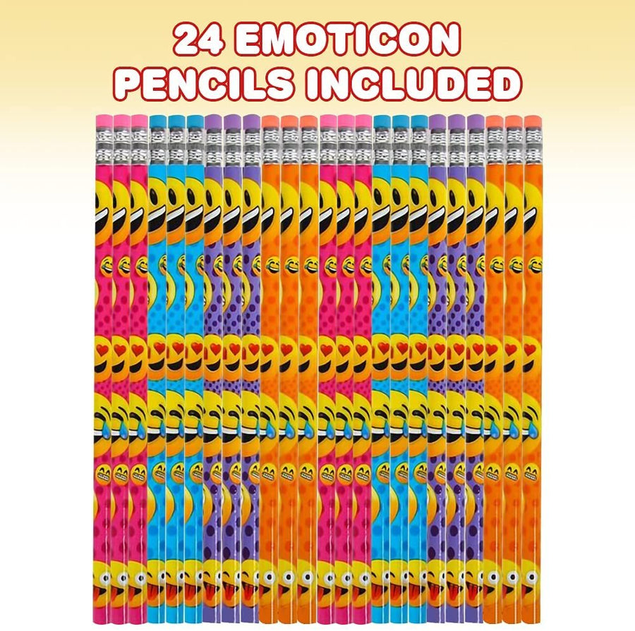 ArtCreativity Emoticon Pencils, Set of 24, Cool Writing Pencils with Erasers with Assorted Emoticon Designs, Birthday Party Favors, Party Goody Bag Fillers, Teacher Supplies for Classroom