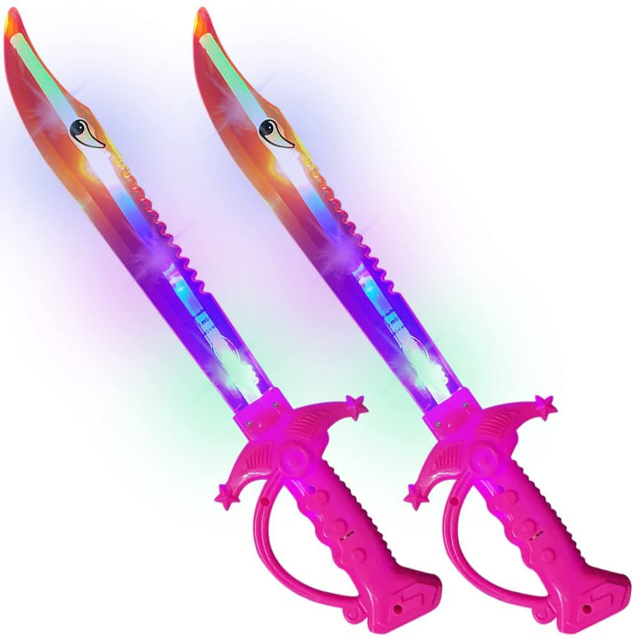 ArtCreativity Light Up Pink Shark Swords for Kids, Set of 2, 15 Inch Toy Sword with Flashing LED Lights, Halloween Dress-Up Costume Accessories, Great Birthday Gift for Boys and Girls
