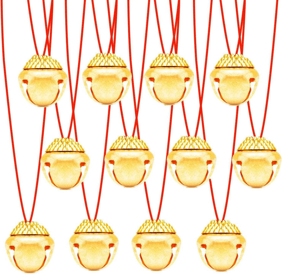 Christmas Jingle Bell Necklaces, Set of 12, Jingle Gold Bell on Red String, Christmas Stocking Stuffers for Kids and Adults, Fun Holiday Gifts and Goodie Bag Fillers