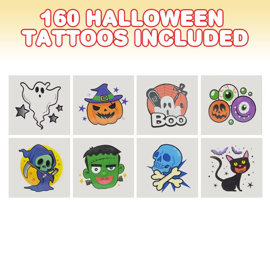 Assorted Halloween Temporary Tattoos for Kids - Pack of 160 - 2 Inch Non-Toxic Tats Stickers for Boys and Girls, Great for Halloween Party Favors, Treats, Décor, Goodie Bags - 8 Designs