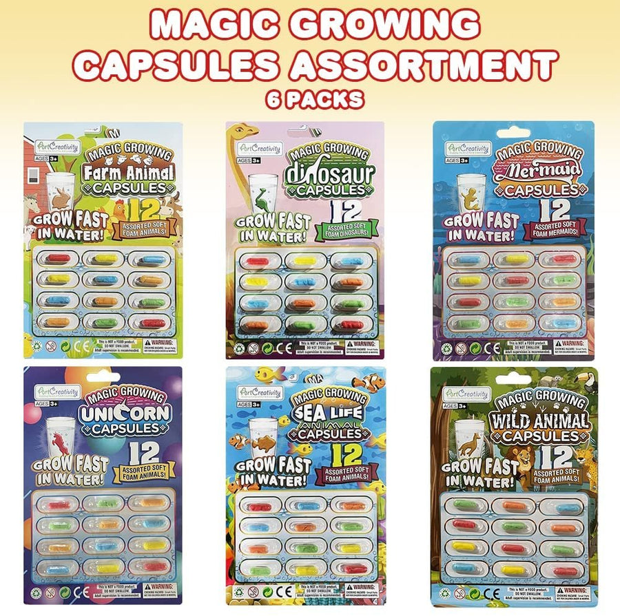 ArtCreativity Magic Growing Animal Capsules, 6 Theme Packs with 12 Capsules Each - Unicorn, Mermaid, Dinosaur, Sea Life Animal, Wild Animal, Farm Animal- Magic Grow Water Toys Party Favor Set for Kids