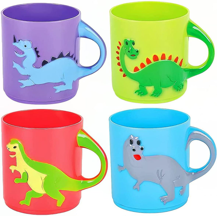 ArtCreativity Dinosaur Mugs for Kids, Set of 4, Plastic Dino Cups in Assorted Colors & Designs, Dinosaur Party Favors, Dinosaur Gifts for Boys and Girls, Unique Table Decorations for Themed Parties