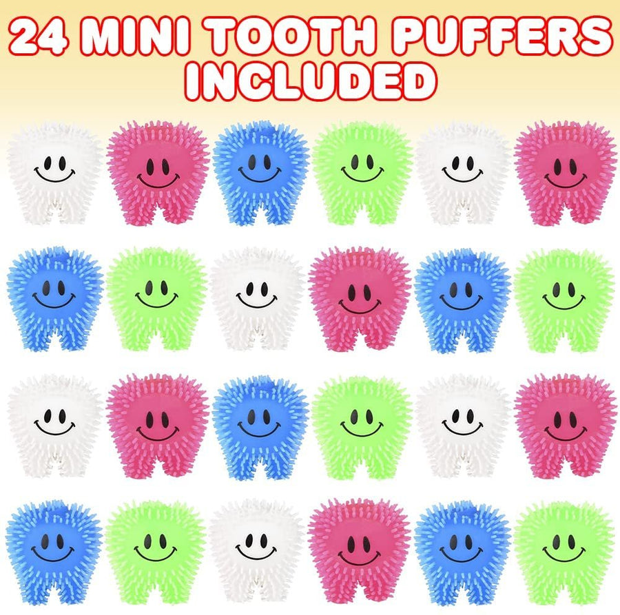 ArtCreativity Mini Tooth Puffers, Set of 24, Squeezy Toys for Kids with Soft Spikes, Sensory Fidget Toys for Stress Relief in Assorted Colors, Goodie Bag Stuffers, and Dentist Office Giveaways