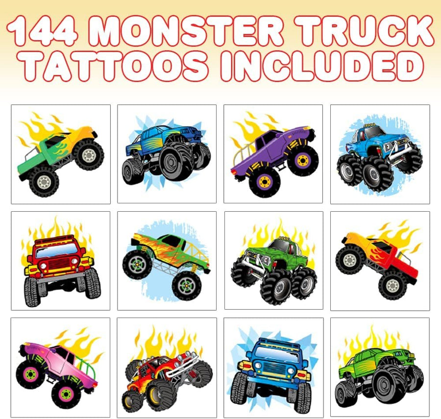 ArtCreativity 2 Inch Monster Truck Temporary Tattoos for Kids - Pack of 144 - Non Toxic Tats Stickers for Boys and Girls - Cool Birthday Party Favors, Goody Bag Fillers, Fun Prizes for Children