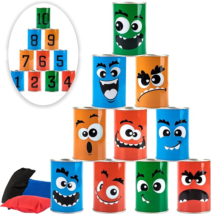 Halloween Carnival Bean Bag Toss Game - Halloween Party Game with 10 Tin Cans and 3 Bean Bags - Indoor and Outdoor Halloween Party Activity for Kids - Tossing Game for Kids 3 and Up